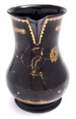 A 'Jackfield' black glazed pottery beer jug of Jacobite significance: of baluster form with sparrow