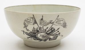 A First Period Worcester 'King of Prussia' bowl: printed in black with a portrait of the 'King of