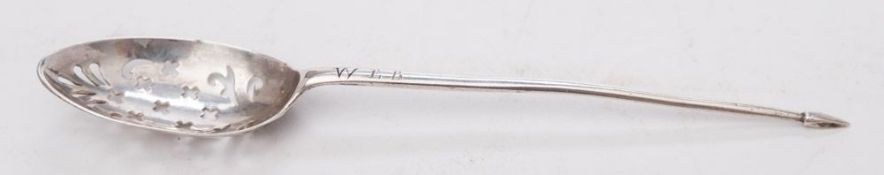 A Georgian silver mote spoon, all marks illegible: initialled, with pierced bowl 12.5cm.long, 0.