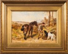 James Hardy Junior [1832-1889]- A young lad with bay pony and two setters:- signed and dated '87