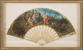 A French ivory and painted brise fan: the leaf painted in gouache with a classical Roman scene with