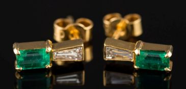 A pair of emerald and diamond ear-studs:,