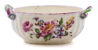 A Mennecy porcelain miniature basket: of oval form with entwined branch handles and moulded basket
