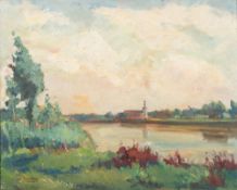 * Andre Lynen [1888-1884]- A lakeside chapel:- signed and dated 1957 bottom left oil on board 39 x