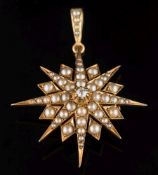 A Victorian seed pearl and diamond-set sunburst pendant/brooch:, 31mm across, 5gms gross weight.