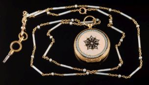 A lady's French enamelled gold and rose diamond fob watch: the white enamel dial with Roman
