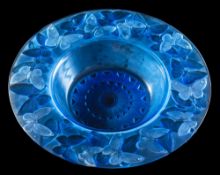 A Lalique shallow bowl 'Phalènes': the blue glass body moulded and intaglio decorated under the rim