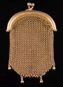 A gold mesh-link purse: stamped '9' and suspending four bead drops, 24gms gross weight.