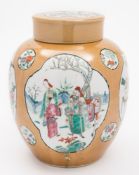 A Chinese oviform jar and cover: decorated with quatrelobed panels containing figures in landscapes,