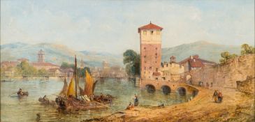 Attributed to George Clarkson Stanfield [1828-1878]- Rhineland lake scene:- oil on canvas 28 x 59cm.
