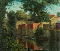 * Frederick H Stonham ]1924-2003]- St Clement's Backwater, Oxford:- signed oil on board 57 x 68cm.