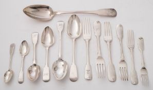 A matched collection of Fiddle pattern flatwares, various makers and dates: mostly initialled,