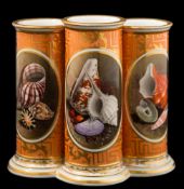 A Barr [Worcester] triple spill vase: the three conjoined cylindrical vases finely painted with