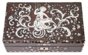 A rosewood mother of pearl and penwork decorated box: of rectangular form,