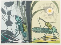 * Edward Bawden [1903-1989]- Aesop's Fables : Ant & Grasshopper linocut in colours, signed,