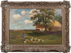Arthur Henry Jenkins [1871-1940]- A young girl with geese in an open landscape:- signed on the