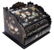 A papier mache, mother of pearl inlaid and gilt decorated writing box: of piano fronted form,