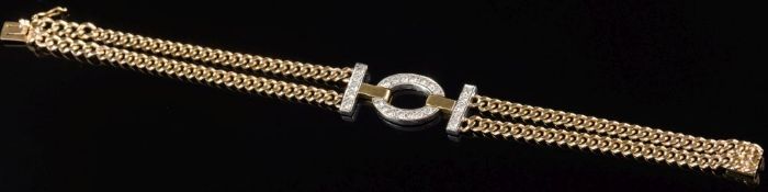 An 18ct gold and diamond flat curb-link two strand bracelet: pave-set with twenty four circular,