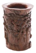 A Chinese carved wood brush pot: imitating bamboo,
