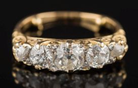 A graduated diamond five-stone ring: with circular, old-cut diamonds 0.10ct, 0.25ct, 0.50ct, 0.