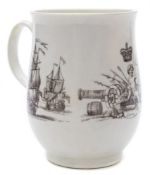 A First Period Worcester bell-shaped mug: printed in black with vignettes comprising a portrait of