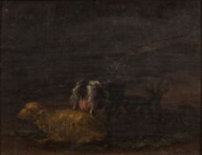 Manner of Nicolaes Berchem [18th Century]- Goats and recumbent sheep in a landscape:- oil on canvas
