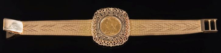 A sovereign mounted bracelet: the Victorian sovereign dated '1894' and within a 9ct gold pierced