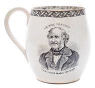A mid 19th century pottery mug commemorating 'George Peabody': of barrel form,