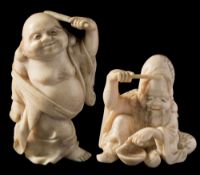 Two Japanese carved ivory okimonos, signed Kogyoku: the first of Hotei,