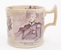 A Goodwins & Harris 'William IV and Queen Adelaide' commemorative pottery mug: of cylindrical form