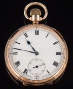 A gentleman's 9ct gold, keyless lever openface pocket watch:,