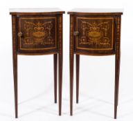 A pair of Edwardian mahogany and marquetry bow fronted pot cupboards:, banded in satinwood,
