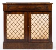 A Regency rosewood chiffonier:, of small size, the rectangular top with a moulded ledge back,