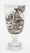 A German 'Historismus' glass goblet: enamelled in black monochrome with a continuous hunting scene,