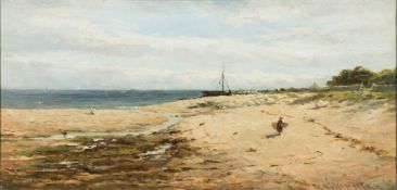 G Aikinson [British School 19/20th Century]- A Scottish beach scene, fisherfolk in the foreground,