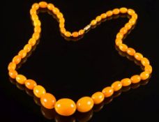 A graduated amber bead single-string necklace:,