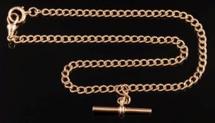 A 15ct gold curb-link fob chain with attached T-bar: on bolt ring clasp, 23.5gms gross weight.