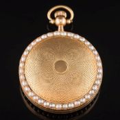 An early 19th century gold and pearl-set hunter fob watch: the engine-turned case within a surround