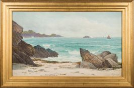David James [1853-1904]- View from a shore towards a rocky coastal landscape,