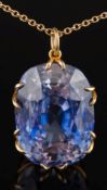 A large cushion-shaped synthetic sapphire mounted pendant: the synthetic sapphire 24mm x 18mm in a