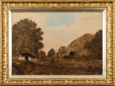 (Sophia Sharpham) English School early 19th Century - Travellers and cattle in an upland