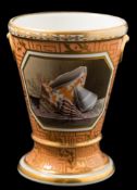 A Flight & Barr [Worcester] orange ground jardiniere: of trumpet form with gilt false ring handles,