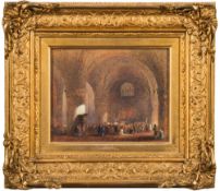 Circle of David Roberts [1796-1864]- Crowded cathedral interiors:- a pair watercolours,