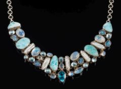 A modern silver and multi gem-set, chain-link collar necklace: set with oval moonstones,
