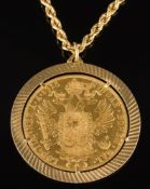 A '1915' Austrian 4 ducat gold coin: mounted within a frame and on 18ct gold rope twist chain,
