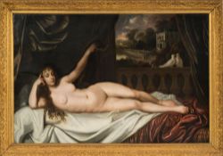 Studio of Sir Peter Lely [1618-1680]- A recumbent nude on a balustraded balcony,