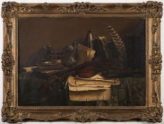 Attributed to Kenneth Howes [20th Century]- A gentleman's library still life with leather books,