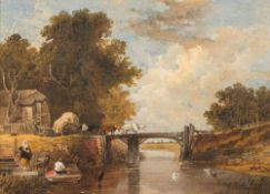 English School 19th Century- A rural river scene; cart and horses crossing a bridge,
