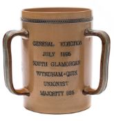 A Doulton Lambeth 'South Glamorgan Election' stoneware tyg: inscribed 'General Election July 1895