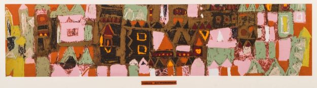 After Padraig Macmiadhachain [b.1929]- Dream City:- by David Whitehead 1969 a fabric panel 27.